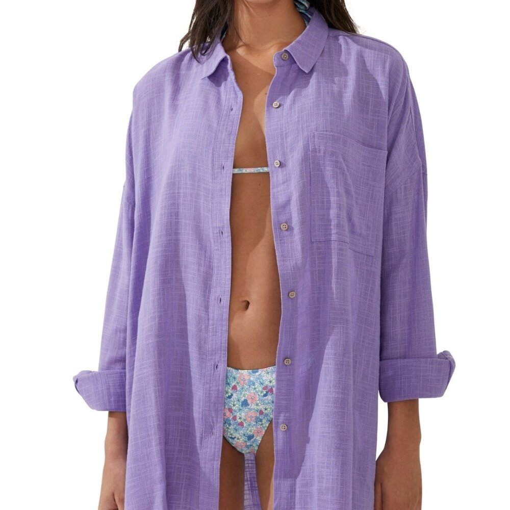 Cotton On Women’s Swing Beach Cover-Up Shirt Purple Button Down Oversized Swim